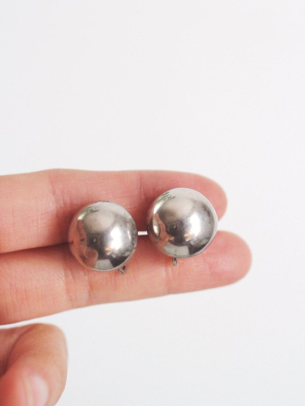 Vintage Sterling Silver Half Ball Domed Button Screw-Back Earrings Mid Century
